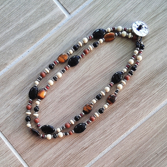 Chaps Earthtone Eclectic Beaded Stone Necklace - Picture 1 of 6